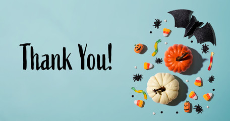 Thank you message with Halloween theme background - flat lay