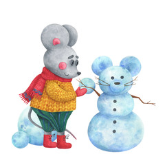 A mouse in a sweater makes a snowman out of snow.Watercolor author's illustration for the holiday. a symbol of 2020