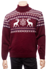 Burgundy knitted Christmas turtleneck sweater on a mannequin isolated