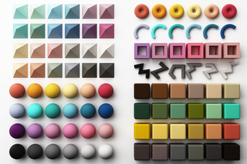 Set of colorful red,purple,pink,grey realistic geometric shape with fabric texture on white background. 3d rendering