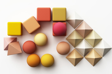 Set of colorful yellow realistic geometric shape with fabric texture on white background. 3d rendering