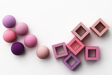 Set of colorful purple realistic geometric shape with fabric texture on white background. 3d rendering