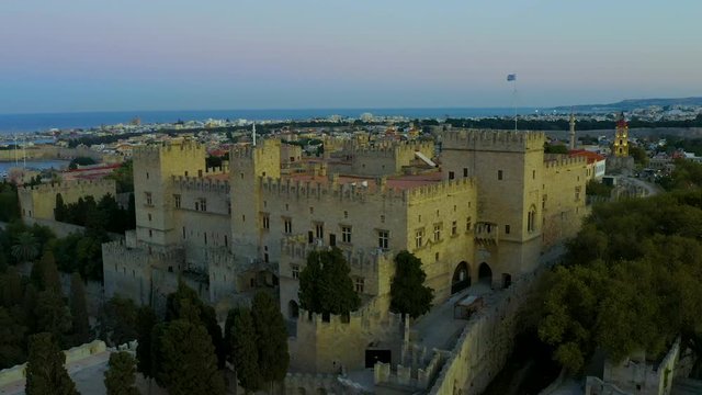 Aerial birds eye view video taken by drone of Rhodes island old fortified town, Palace of Grand Master, a popular tourist destination, Dodecanese, Aegean, Greece