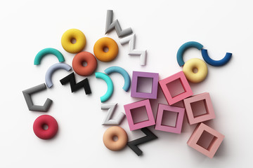 Set of colorful red,purple,pink,grey realistic geometric shape with fabric texture on white background. 3d rendering