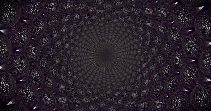 Moving through an abstract tunnel made from reflective spheres, looping animation