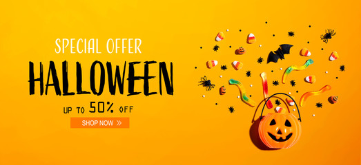 Halloween sale banner with Halloween pumpkin and decorations