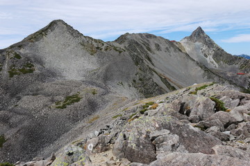北アルプス　槍穂高連峰　中岳南岳縦走路からの風景　中岳大喰岳越しに槍ヶ岳を望む