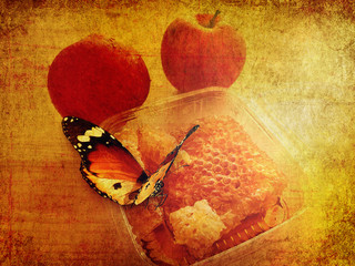 Old paper texture with red apples, honey in honeycomb and beautiful butterfly under the sunlight. Sun shining glow. Sweet lovely gift. Photo image done in vintage card style