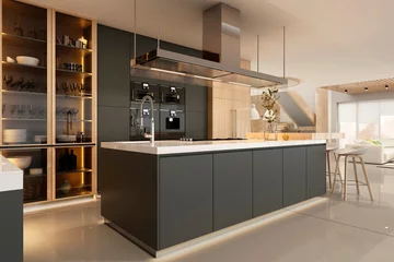 Fotobehang Modern kitchen interior in black colors © Julia Vadi