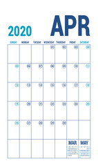 April 2020 calendar. Blue color planner. English calender template. Color vector grid. Office business planning. Creative design