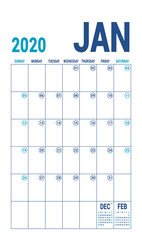 January 2020 calendar. Blue color planner. English calender template. Color vector grid. Office business planning. Creative design