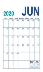 June 2020 calendar. Blue color planner. English calender template. Color vector grid. Office business planning. Creative design