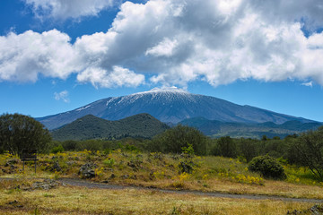 Obraz premium View on dangerous active stratovolcano Mount Etna on east coast of island Sicily, Italy