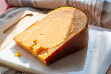 Three years old dark yellow hard Dutch cheese in sun lights