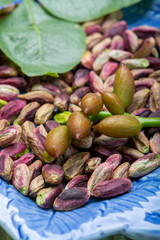 Emerald green pistachios nuts from town Bronte, located on slopes of Mt. Etna, Sicily, Italy regional product