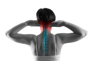 Neck pain, sciatica and scoliosis in the cervical spine isolated on white background, chiropractor...