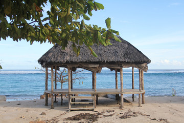 Beach fale, a simple open 'hut' (faleo'o Samoan language), popular in budget eco-tourism in Samoa. Beautiful day fale at Lalomanu Beach © peacefoo