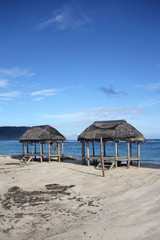 Beach fale, a simple open 'hut' (faleo'o Samoan language), popular in budget eco-tourism in Samoa....