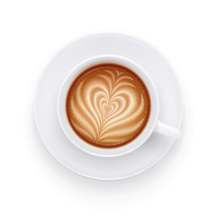 Cappuccino cup and plate. Aromatic drink for breakfast. Beverage mug for cappuccino, americano, latte. Isolated white background. Eps10 vector illustration.