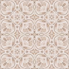 Abstract seamless pattern, maiolica ceramic tile, vintage ornamental background in neutral beige color