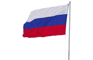 Russian flag waving in the wind over blue sky