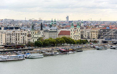 Panoramic view of the old town and the Danube River in autumn in Budapest, Hungary.