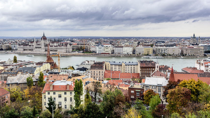 Panoramic view of the old town and the Danube River in autumn in Budapest, Hungary.