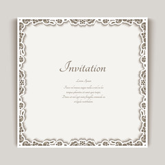 Square frame with ornamental lace border, cutout paper decoration, elegant wedding invitation or table place card design, template for laser cutting