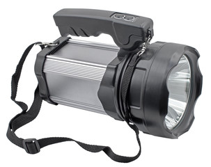 powerful modern rechargeable led flashlight on a white