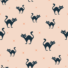 Grey cats and stars halloween seamless repeat pattern. October holidays print. Vector.