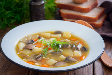 Forest mushroom soup in an enameled plate on a wooden table, horizontal