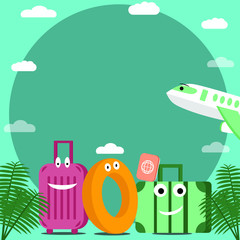 Vacation character banner design background, for advertising and traveling with airplane luggage and Life ring