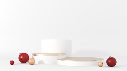 New Year greeting card, poster, banner with red gift boxes, presents - 3D, render. Christmas studio interior with gold platform, toys. Stand, podium, pedestal for goods, shop windows and magazines.