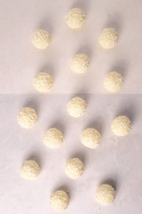 Round sweets with coconut. Raw handmade candy, healthy dessert.