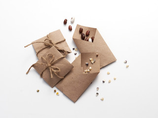 Heritage, heirloom garden seeds in home made brown paper packets, collected in the fall and ready...