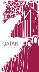 Qatar Flag Artwork, people and trees (Vector Art)