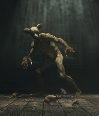 Monster's house,this monster is mutated from lizard and mouse,experiment gone wrong reborn a new horror,3d illustration © Joe Therasakdhi