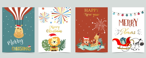 Naklejka premium Green red glod christmas card with christmas tree,gift,light,firework,giraffe,fox,zebra and lion