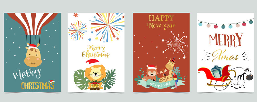 Green red glod christmas card with christmas tree,gift,light,firework,giraffe,fox,zebra and lion