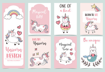 Collection of unicorn background set with rainbow,unicorn,mermaid.Vector illustration for birthday invitation,postcard and sticker.Editable element