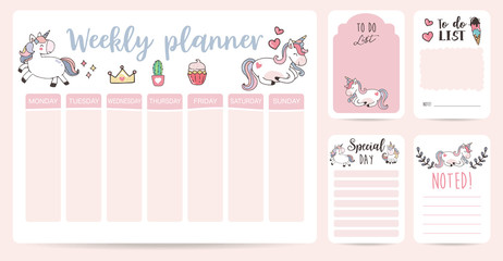 cute weekly planner background with unicorn,rainbow,ice cream,cloud.Vector illustration for kid and baby.Editable element