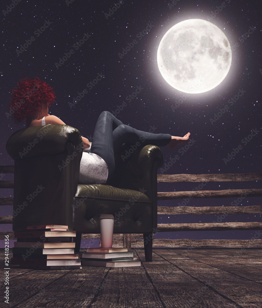 Wall mural Tranquil life,Woman repose on vintage leather chair at night looking at the moon,3d illustration