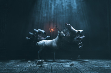 Offering,Pity lost deer in abandoned place with monster whom hiding and waiting for their prey,3d illustration © Joe Therasakdhi
