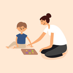 The nanny takes care of the child and plays. Baby sitter. Vector editable illustration