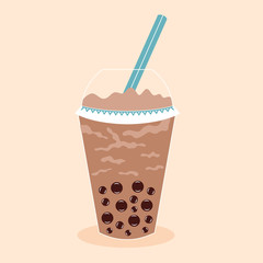 Tapioca Ball Tea. Coffee drink cocktail. Plastic glass with a straw. Vector editable illustration