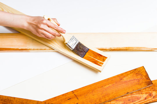 The Application Of Stain On A Wooden Board