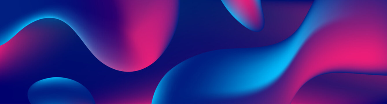 Abstract blue and purple liquid wavy shapes futuristic banner. Glowing retro waves vector background