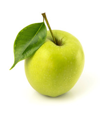 Single whole green apple angled isolated on white background as package design element