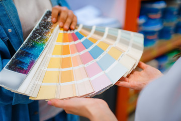 Young couple holds color palette in hardware store