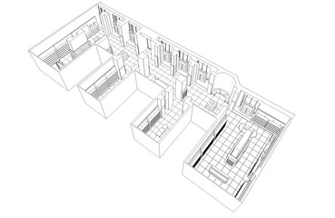 shopping mall, contour visualization, 3D illustration, sketch, outline